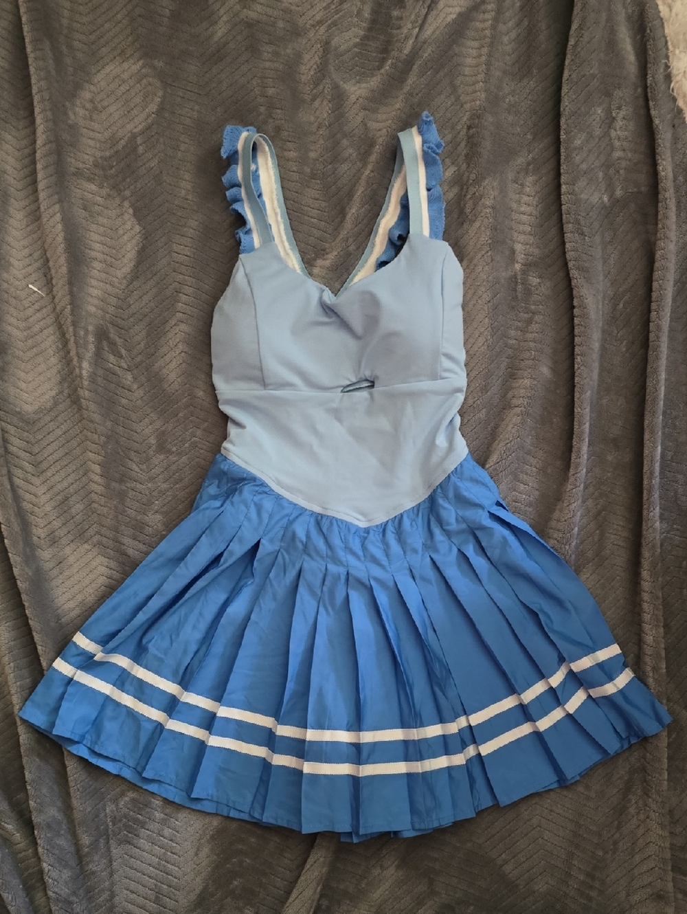 Light Blue Pleated Mini Dress with White Stripe Trim